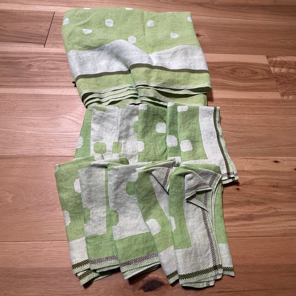Vintage Tablecloth and 11 Napkins Set Sage Green Off White 60s 70s Polka Dot